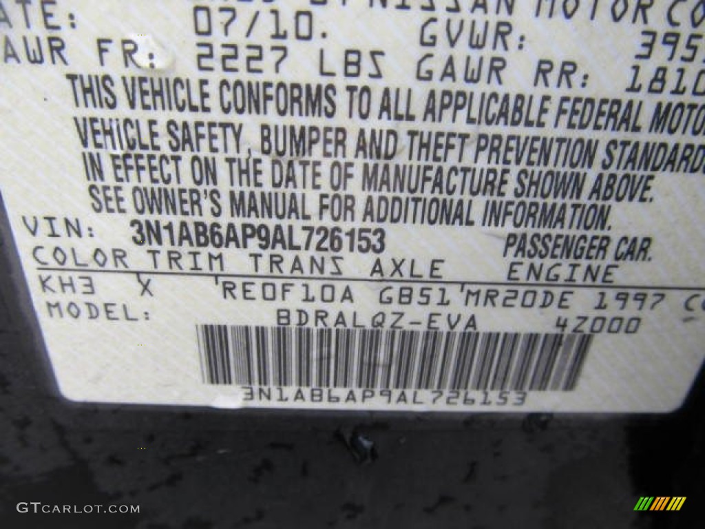2010 Sentra Color Code KH3 for Super Black Photo #78292213