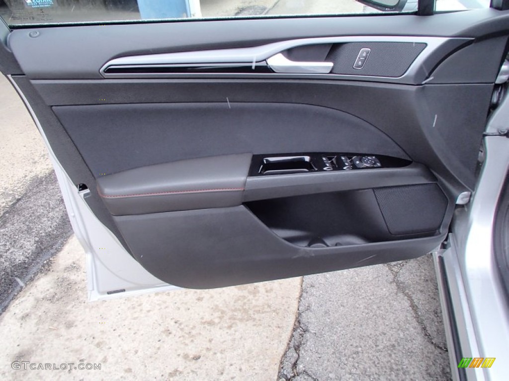 2013 Ford Fusion Hybrid SE SE Appearance Package Charcoal Black/Red Stitching Door Panel Photo #78335561