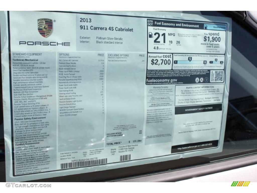 2013 Porsche 911 Carrera S Cabriolet Window Sticker Photo #78337656