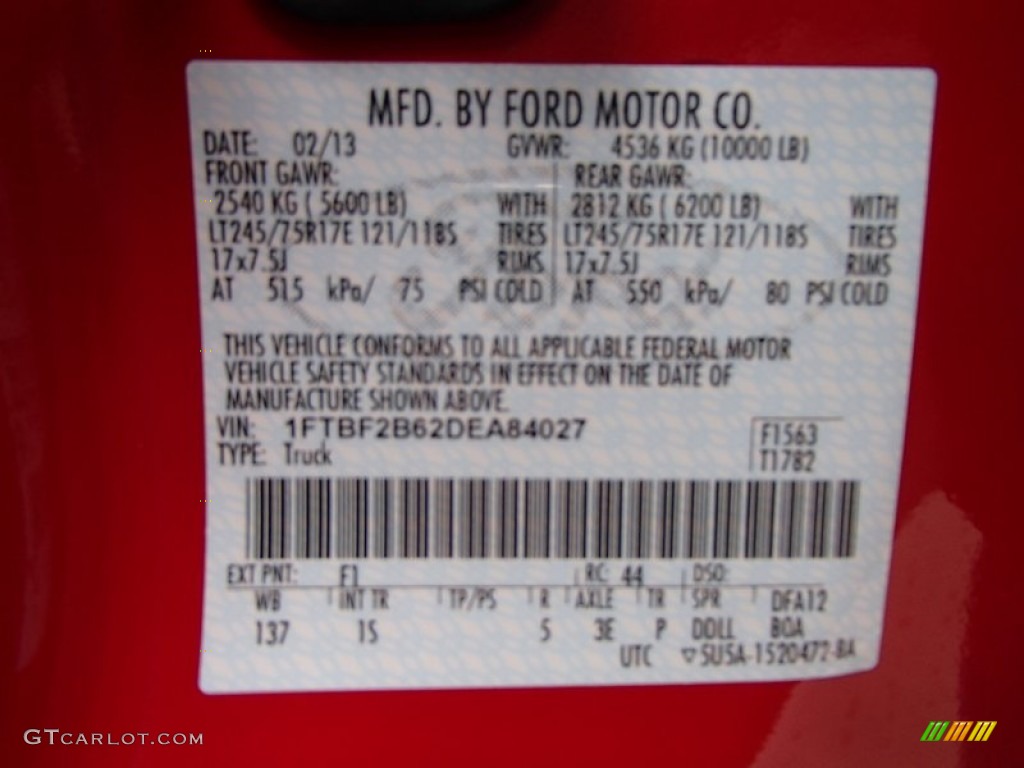 2013 F250 Super Duty Color Code F1 for Vermillion Red Photo #78338766