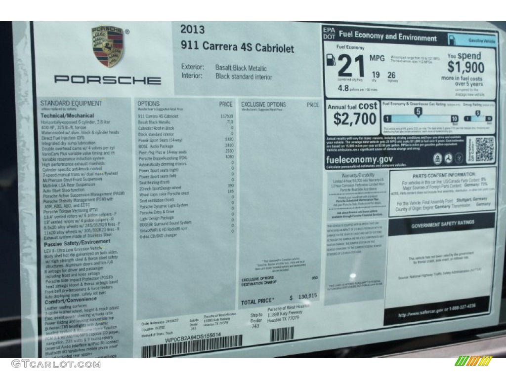 2013 Porsche 911 Carrera S Cabriolet Window Sticker Photo #78338799