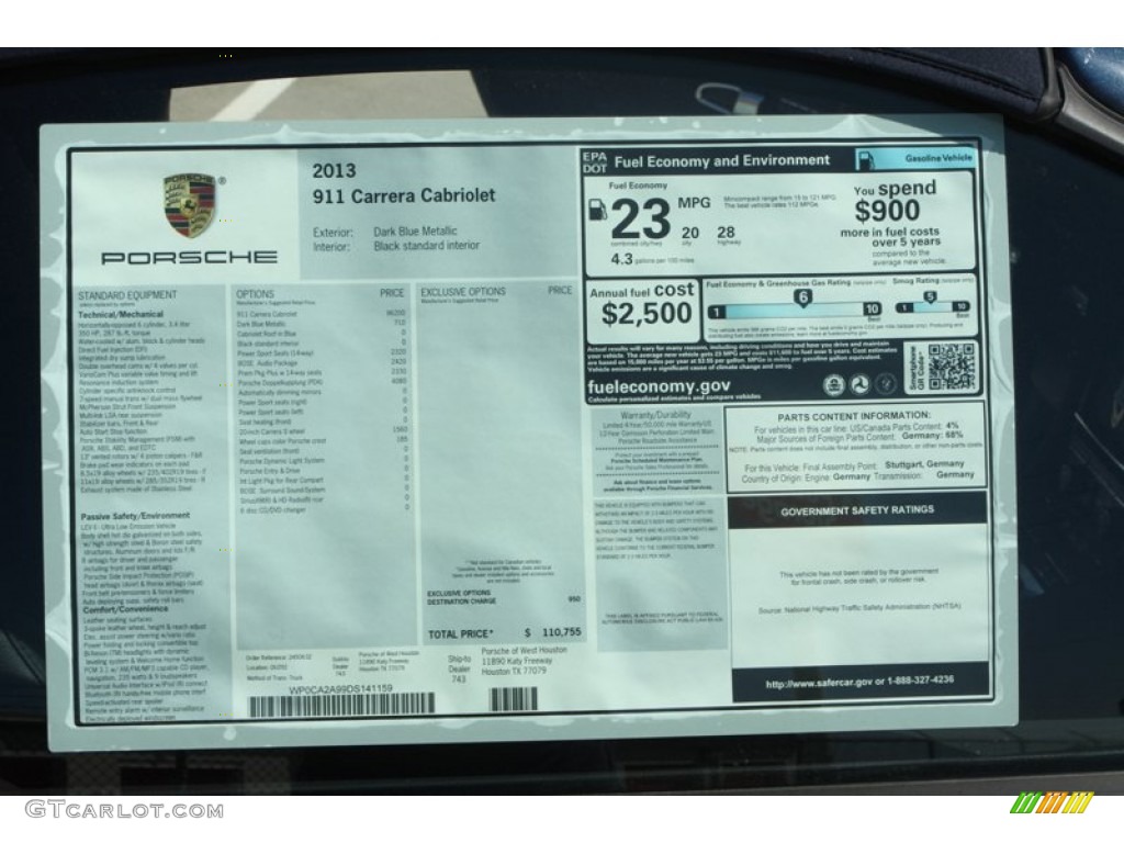 2013 Porsche 911 Carrera Cabriolet Window Sticker Photo #78340121
