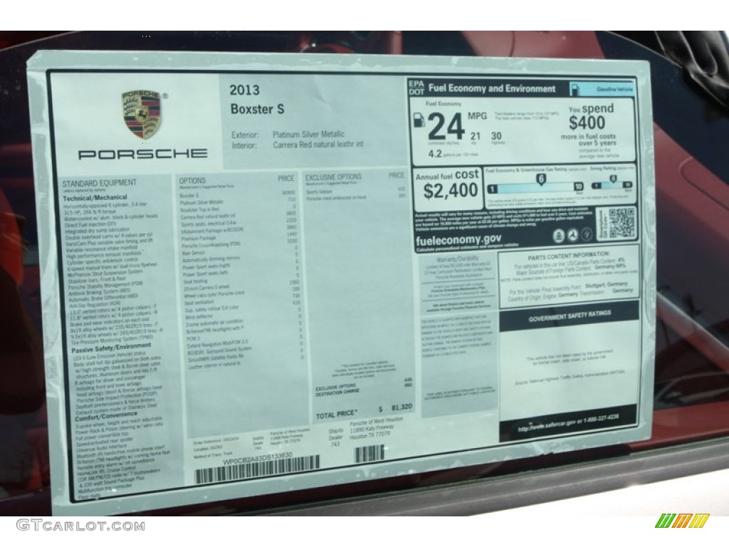 2013 Porsche Boxster S Window Sticker Photo #78340812
