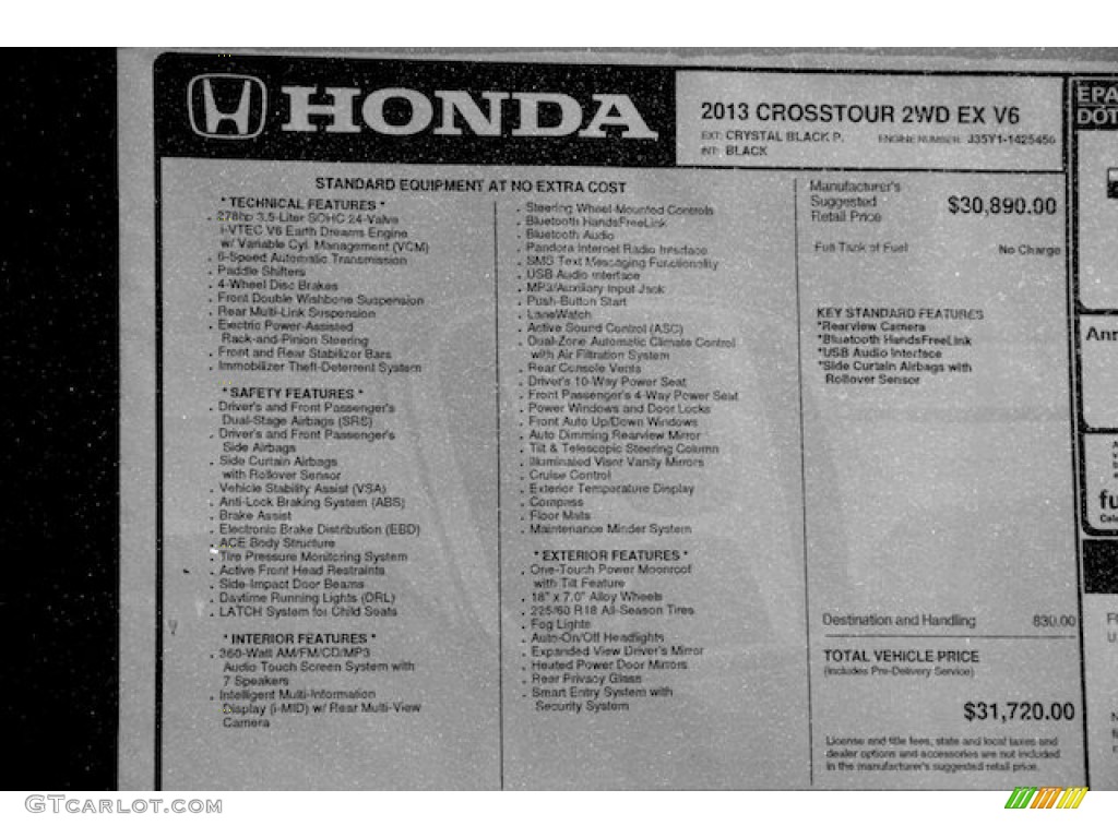 2013 Honda Crosstour EX V-6 Window Sticker Photo #78344289