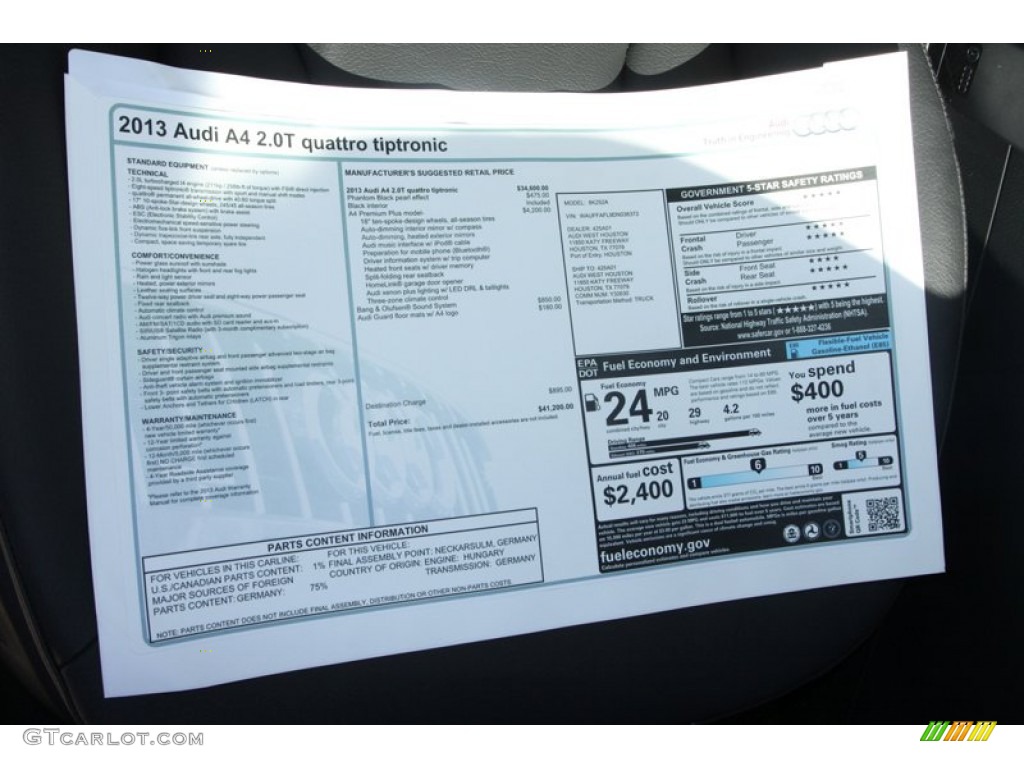 2013 Audi A4 2.0T quattro Sedan Window Sticker Photo #78346063