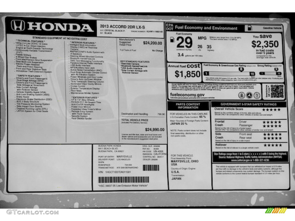 2013 Honda Accord LX-S Coupe Window Sticker Photo #78346950