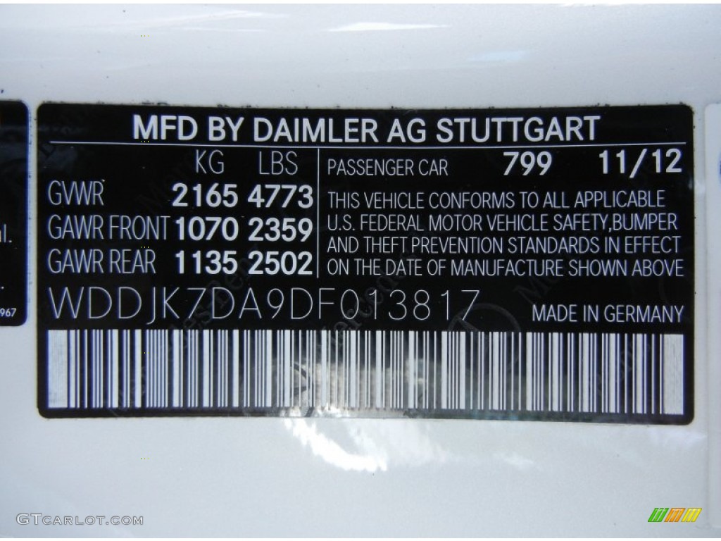 2013 SL Color Code 799 for Diamond White Metallic Photo #78347317