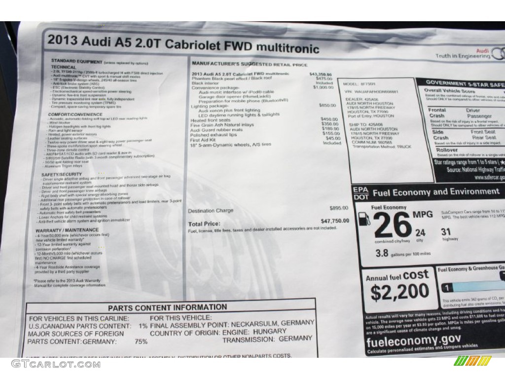 2013 Audi A5 2.0T Cabriolet Window Sticker Photo #78347992