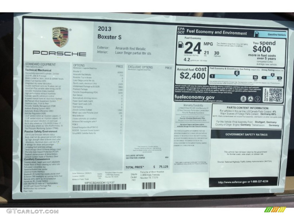 2013 Porsche Boxster S Window Sticker Photo #78349152