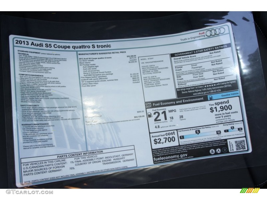 2013 Audi S5 3.0 TFSI quattro Coupe Window Sticker Photo #78356187