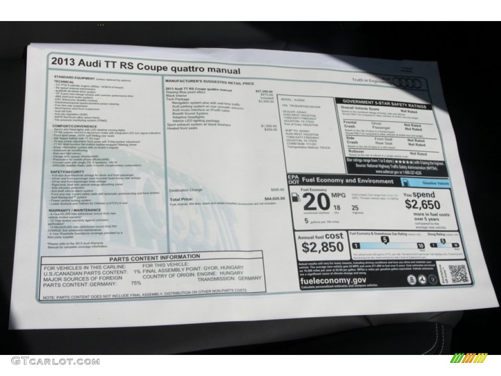 2013 Audi TT RS quattro Coupe Window Sticker Photo #78356852