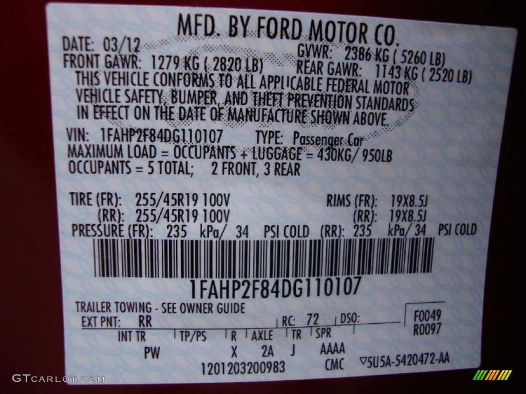 2013 Taurus Color Code RR for Ruby Red Metallic Photo #78377226