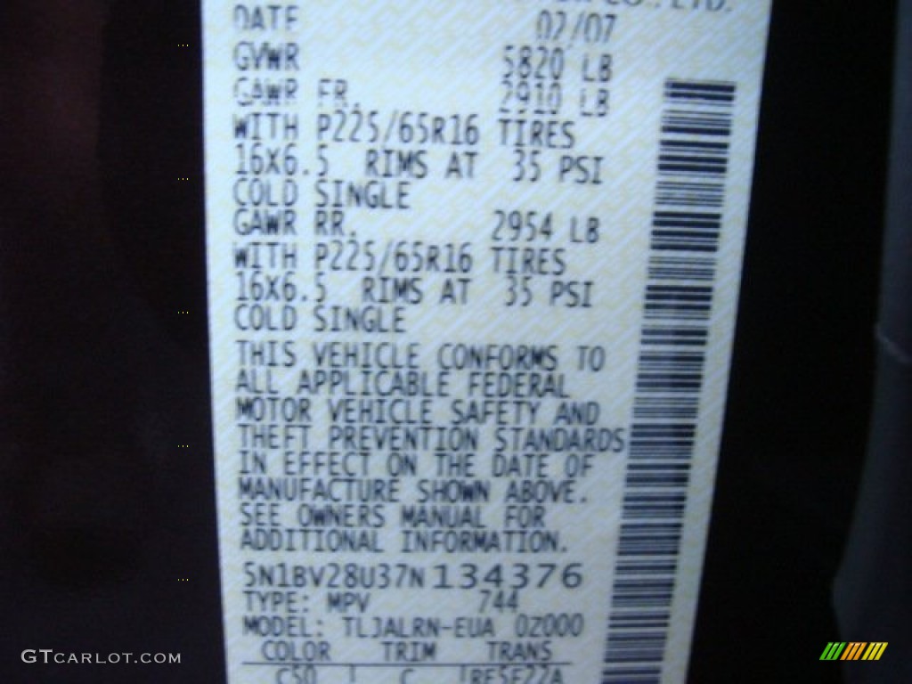 2007 Nissan Quest 3.5 Color Code Photos