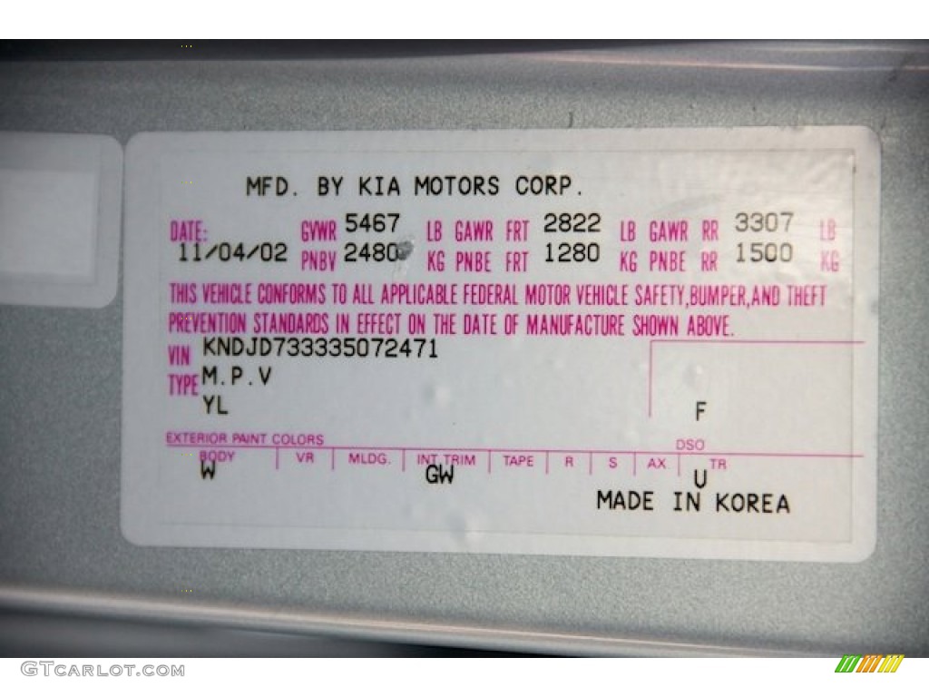 2003 Kia Sorento EX Color Code Photos