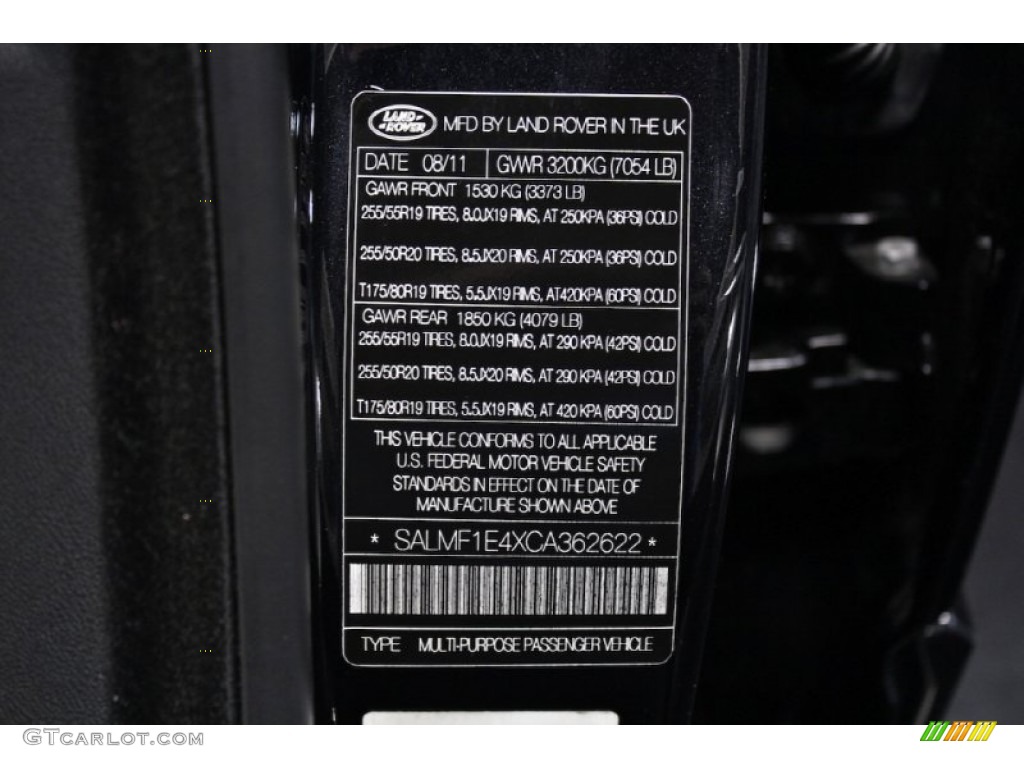 2012 Land Rover Range Rover Supercharged Info Tag Photo #78399215