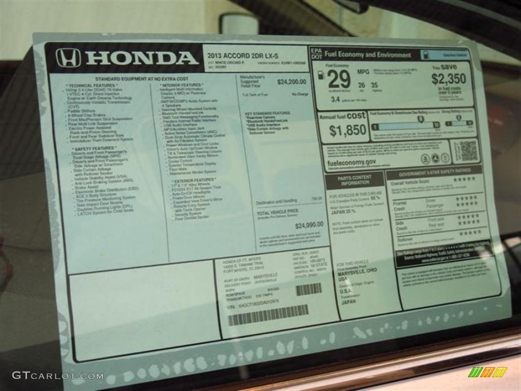 2013 Honda Accord LX-S Coupe Window Sticker Photo #78400694