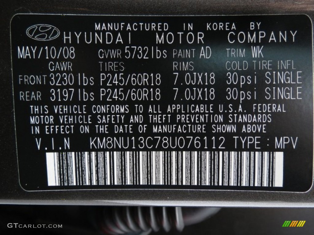 2008 Hyundai Veracruz Limited Color Code Photos