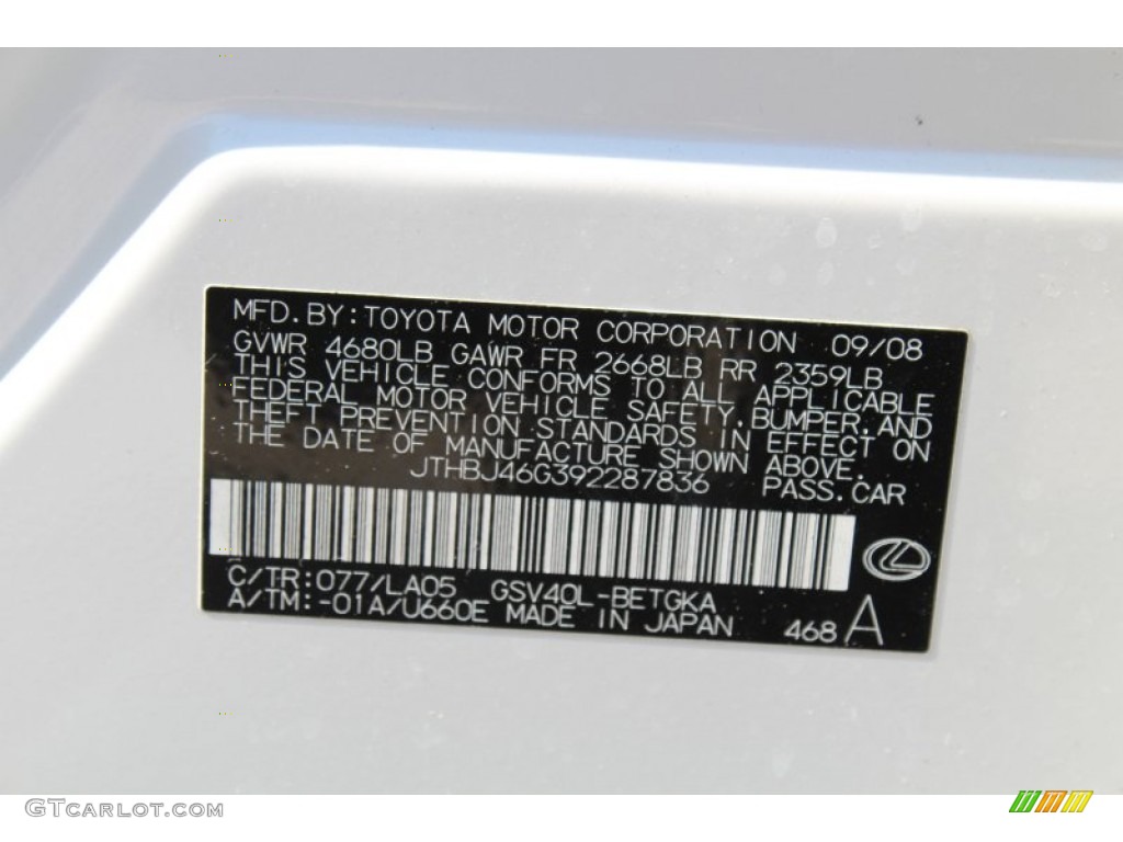 2009 ES Color Code 077 for Starfire Pearl White Photo #78427487
