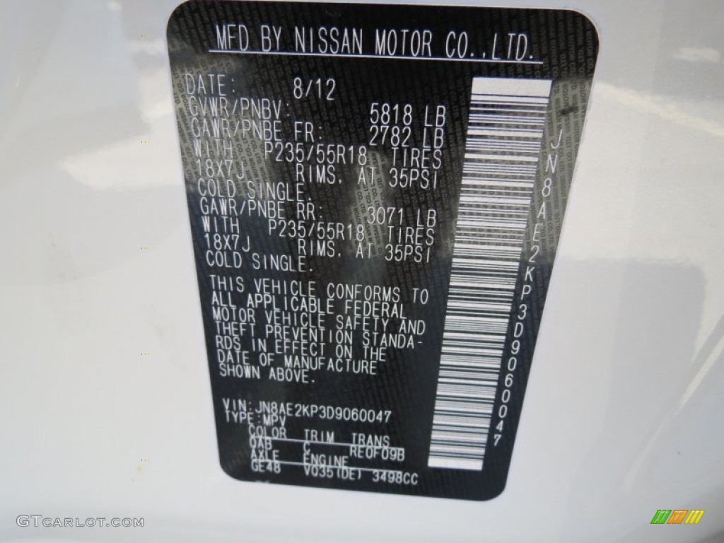 2013 Quest Color Code QAB for Pearl White Photo #78472052