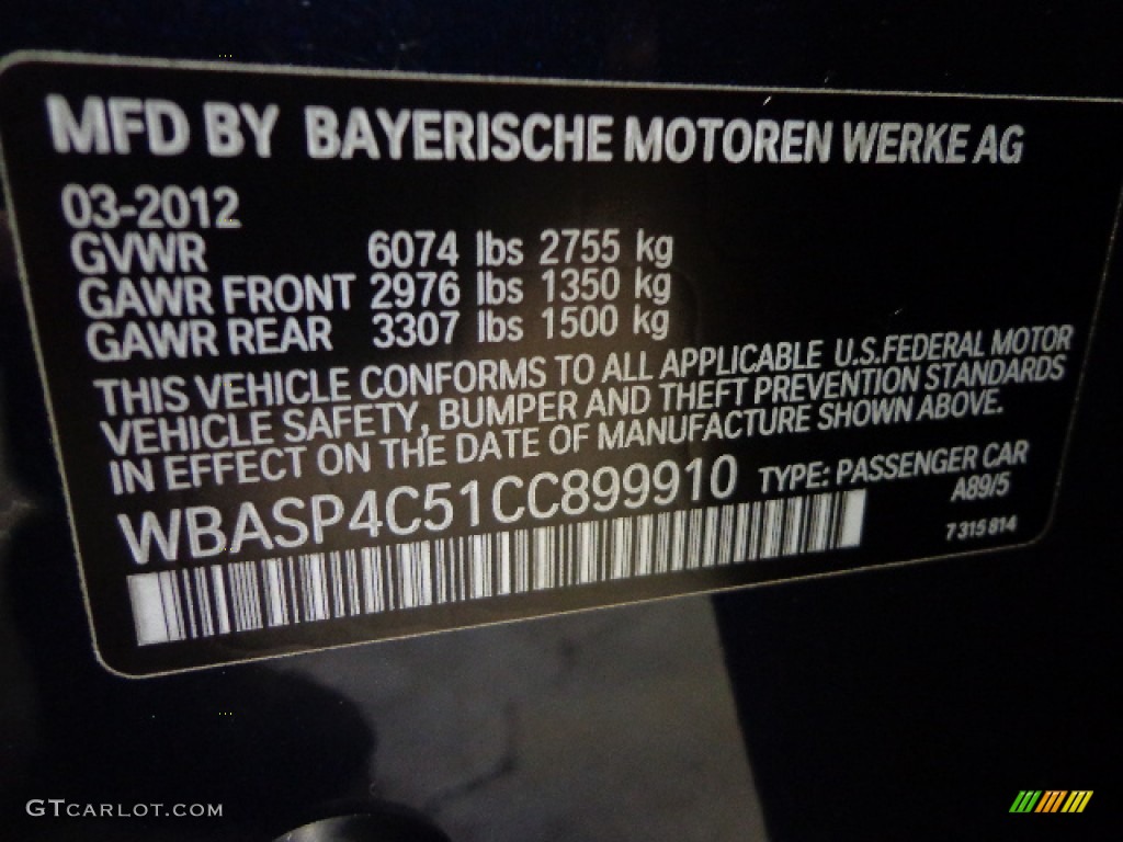 2012 BMW 5 Series 550i xDrive Gran Turismo Color Code Photos