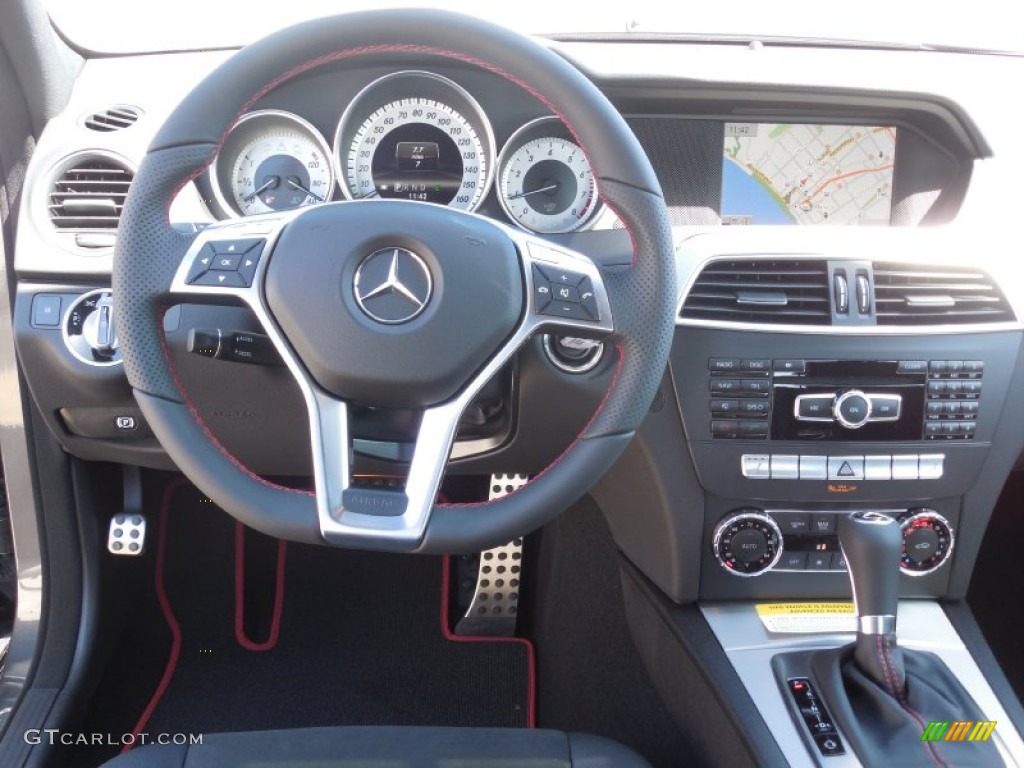 2013 Mercedes-Benz C 250 Sport Black/Red Stitch w/DINAMICA Inserts Steering Wheel Photo #78486449