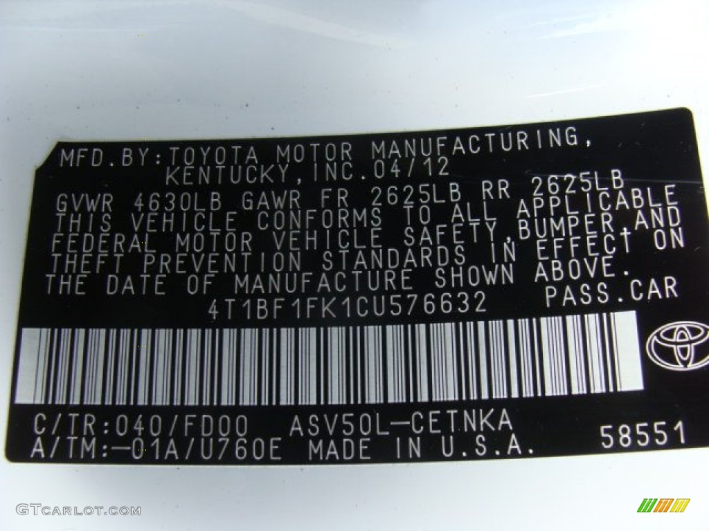 2012 Camry Color Code 040 for Super White Photo #78488366