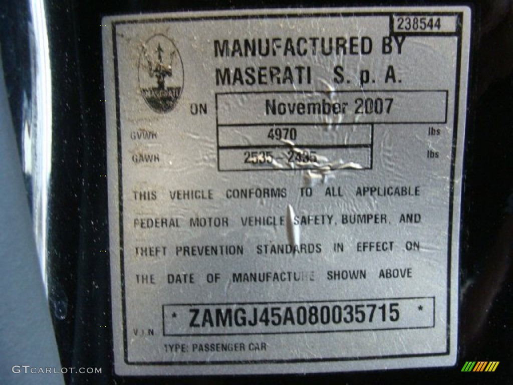 2008 Maserati GranTurismo Standard GranTurismo Model Info Tag Photo #78496691