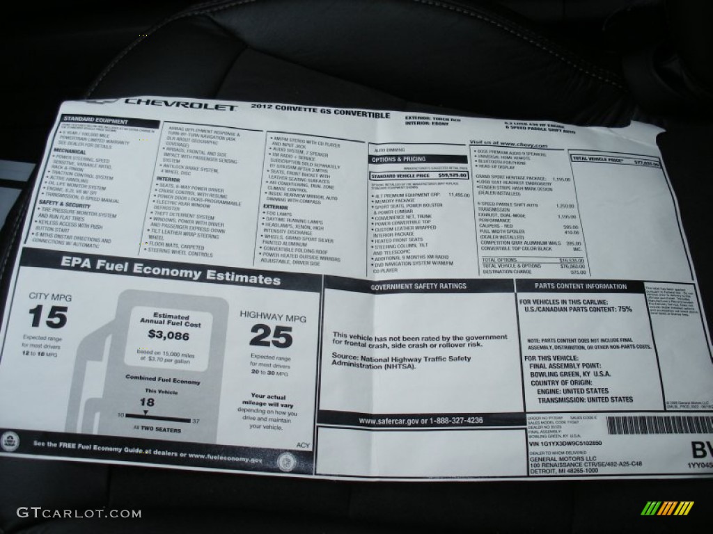 2012 Chevrolet Corvette Grand Sport Convertible Window Sticker Photo #78500138