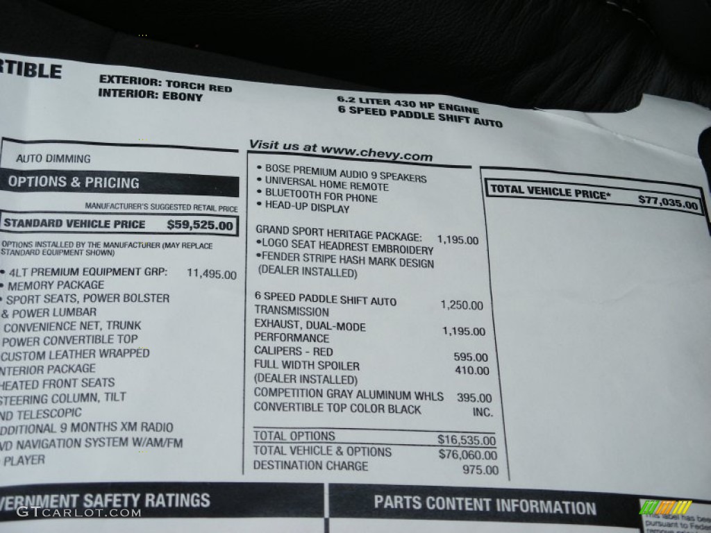 2012 Chevrolet Corvette Grand Sport Convertible Window Sticker Photo #78500159