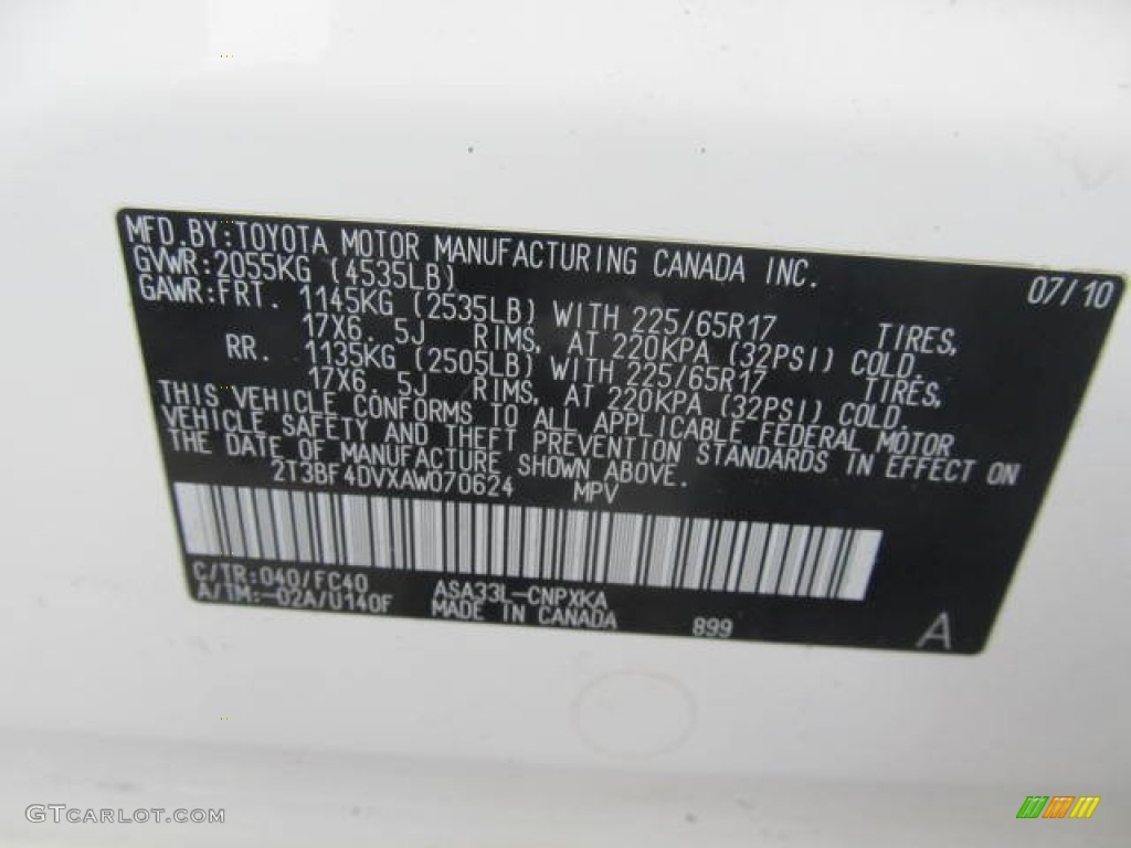 2010 RAV4 Color Code 040 for Super White Photo #78514898