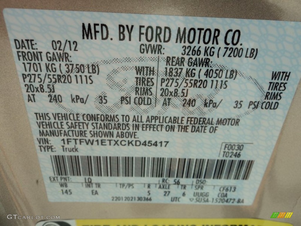 2012 Ford F150 Lariat SuperCrew 4x4 Color Code Photos