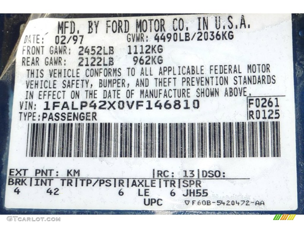 1997 Mustang Color Code KM for Moonlight Blue Metallic Photo #78544158