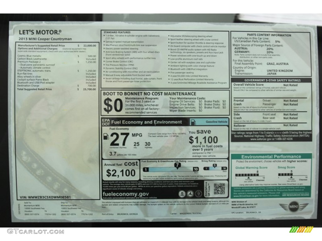 2013 Mini Cooper Countryman Window Sticker Photo #78554536