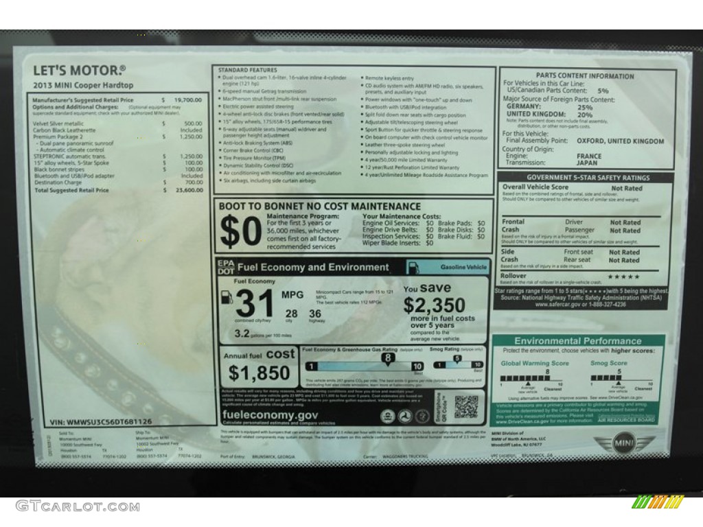 2013 Mini Cooper Hardtop Window Sticker Photos