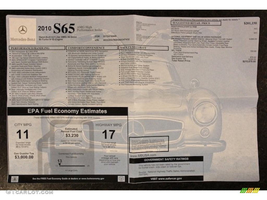 2010 Mercedes-Benz S 65 AMG Sedan Window Sticker Photo #78561992