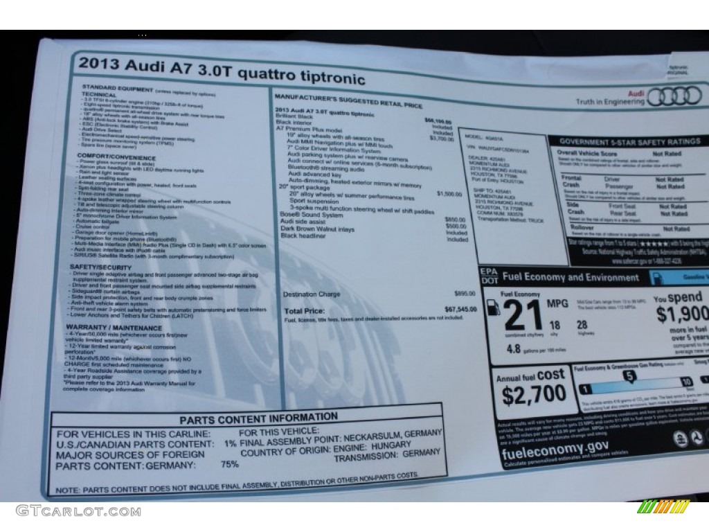 2013 Audi A7 3.0T quattro Premium Plus Window Sticker Photo #78578791