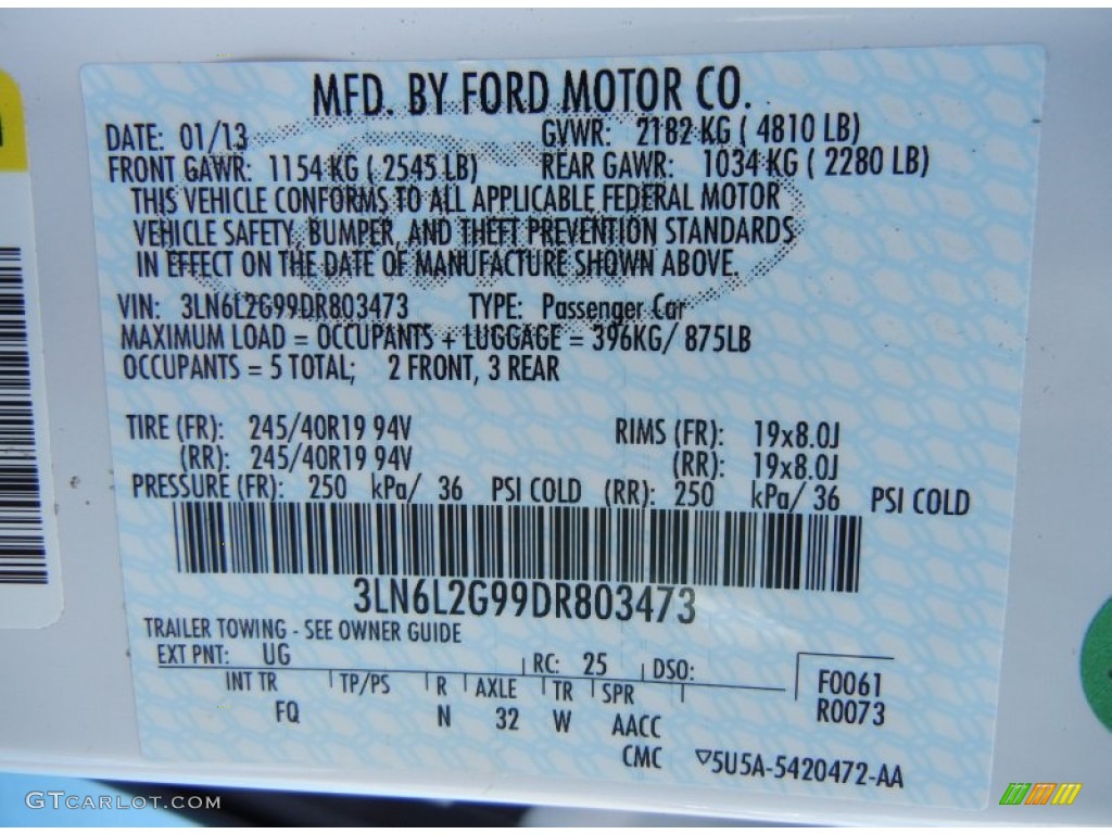 2013 MKZ Color Code UG for White Platinum Photo #78585516