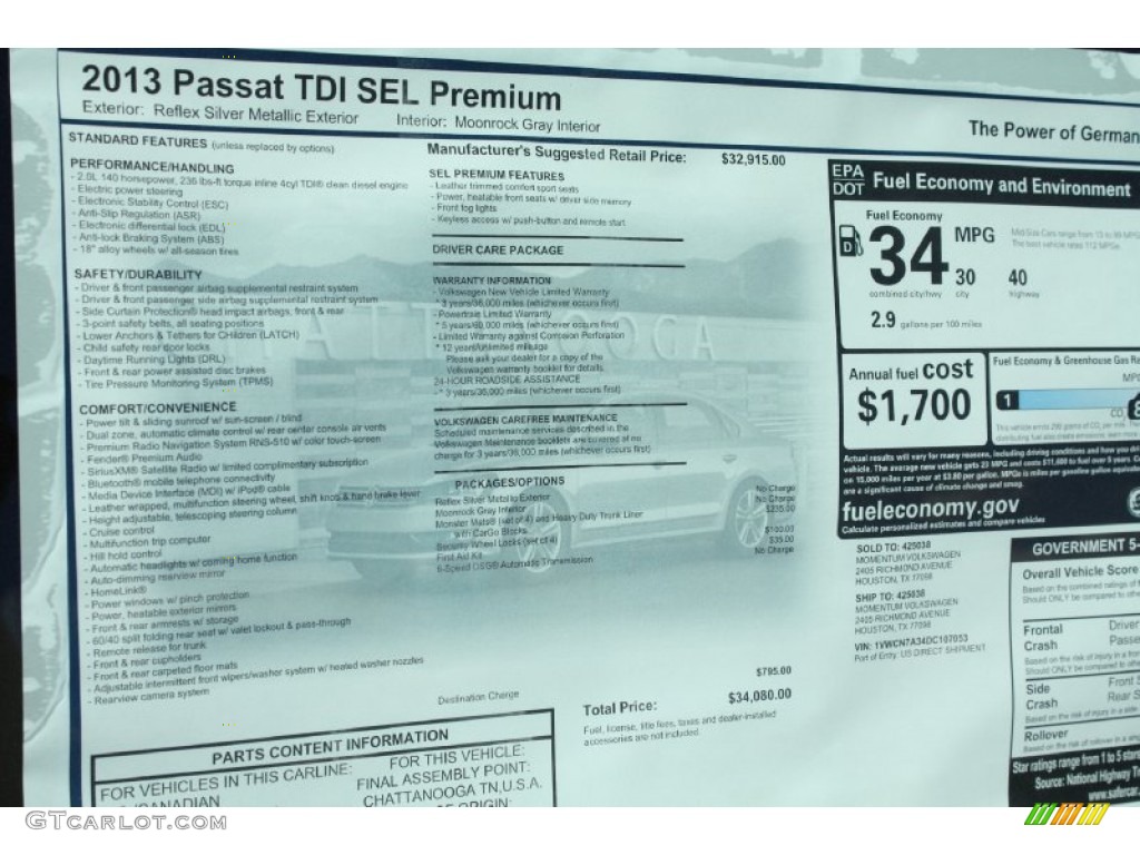 2013 Volkswagen Passat TDI SEL Window Sticker Photo #78588698