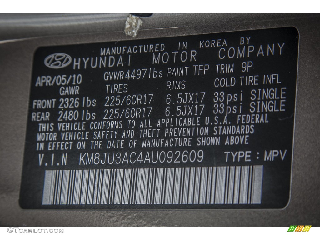 2010 Hyundai Tucson GLS Color Code Photos