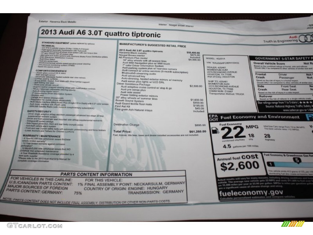 2013 Audi A6 3.0T quattro Sedan Window Sticker Photo #78595155