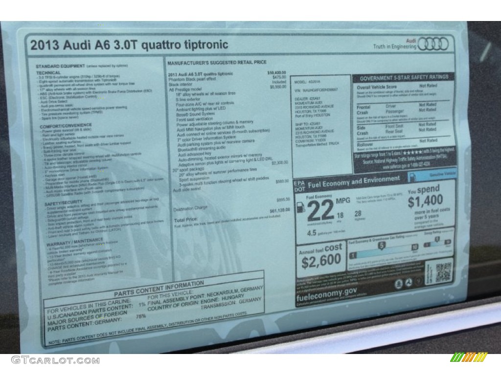 2013 Audi A6 3.0T quattro Sedan Window Sticker Photo #78595830