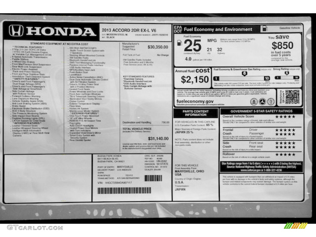 2013 Honda Accord EX-L V6 Coupe Window Sticker Photo #78597486
