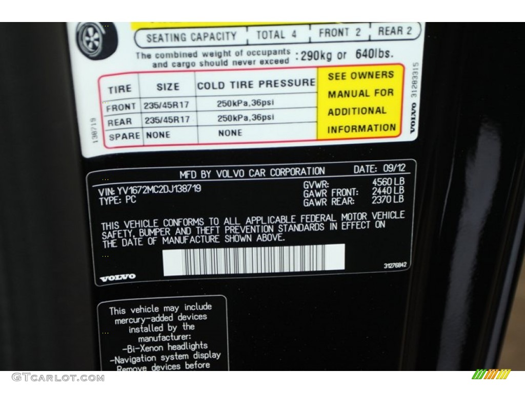 2013 Volvo C70 T5 Info Tag Photo #78609882