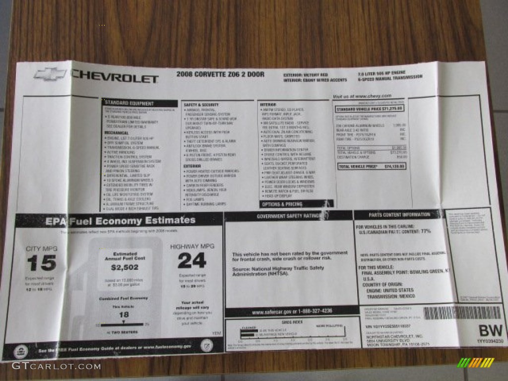2008 Chevrolet Corvette Z06 Window Sticker Photo #78619158