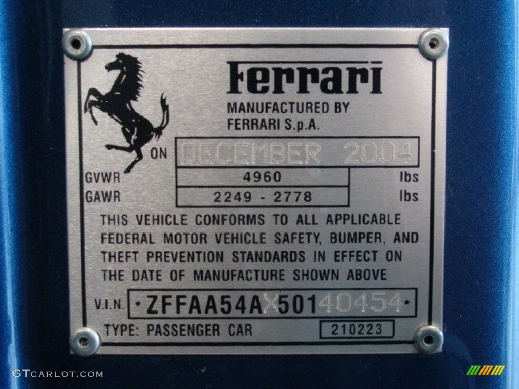 2005 Ferrari 612 Scaglietti F1A Info Tag Photos