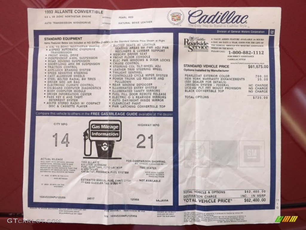 1993 Cadillac Allante Convertible Window Sticker Photo #78634809