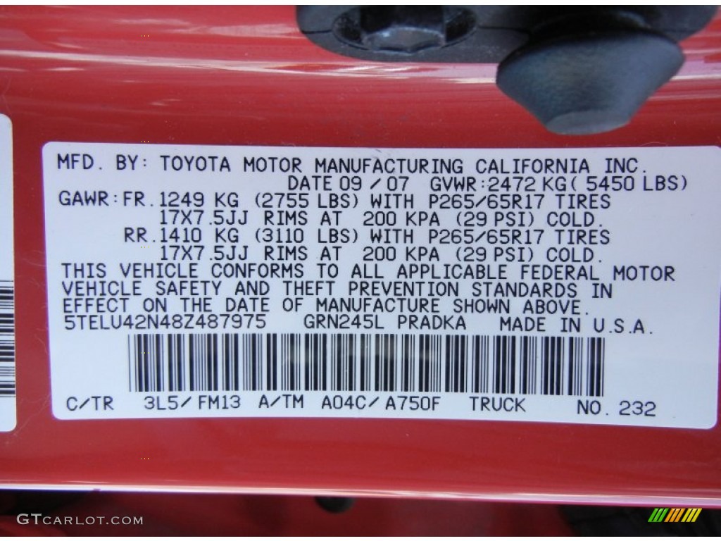 2008 Tacoma Color Code 3L5 for Radiant Red Photo #78653285