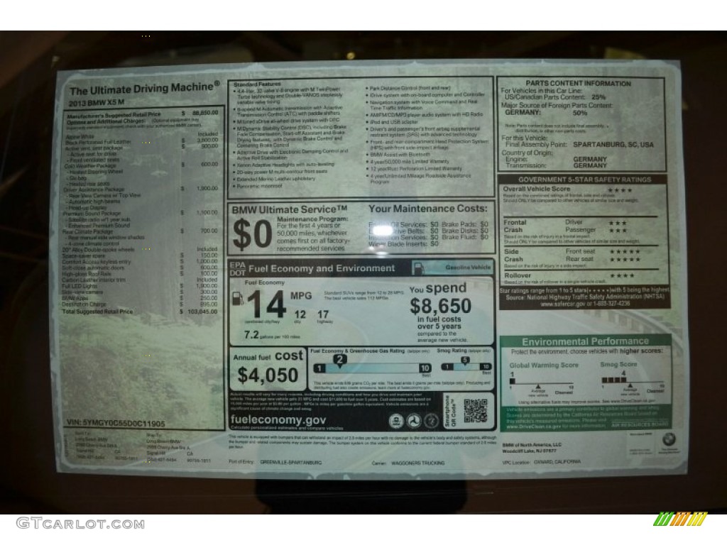 2013 BMW X5 M M xDrive Window Sticker Photos