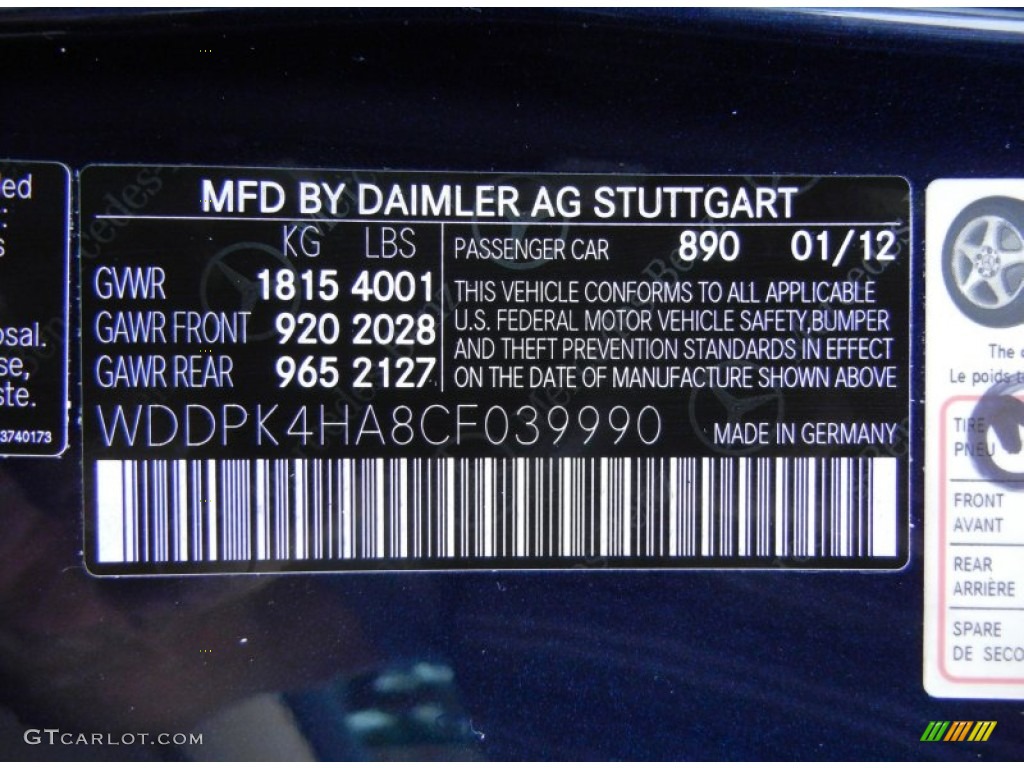 2012 Mercedes-Benz SLK 250 Roadster Color Code Photos