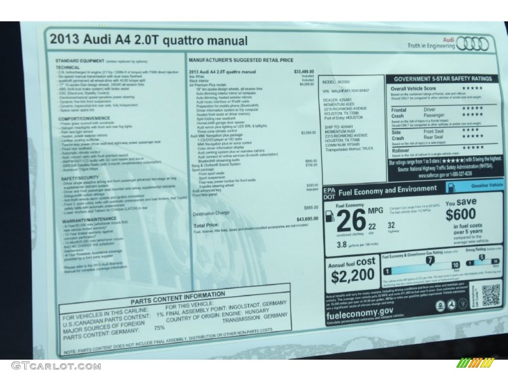 2013 Audi A4 2.0T quattro Sedan Window Sticker Photo #78670279